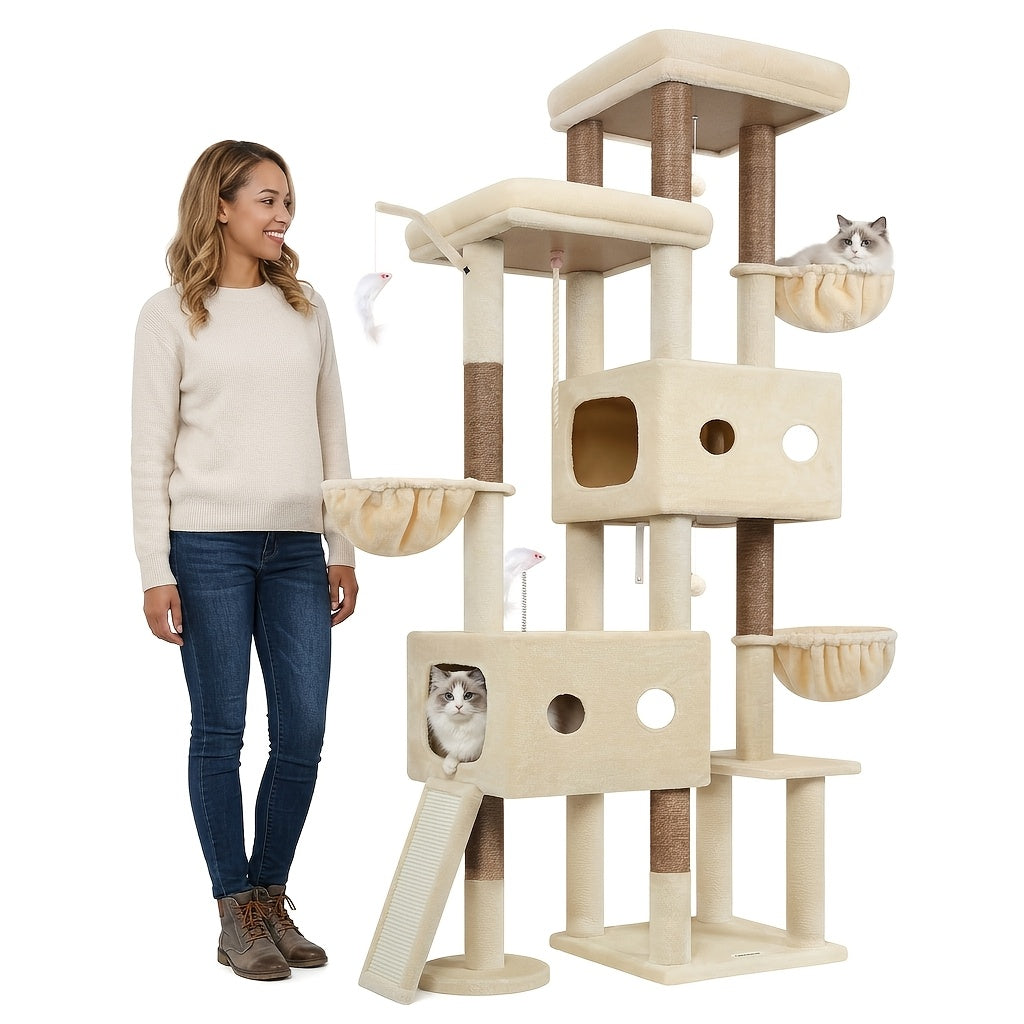 Globlazer 81 Inch Heavy-Duty Multi-Level Cat Tree Tower Suitable for Large Cats & Maine Coon, 2 Condos, 7 Sisal Posts with Scratching Board, 3 Hammocks, Beige Cat Furniture for 4+ Cats, Climbing Activity for Kittens