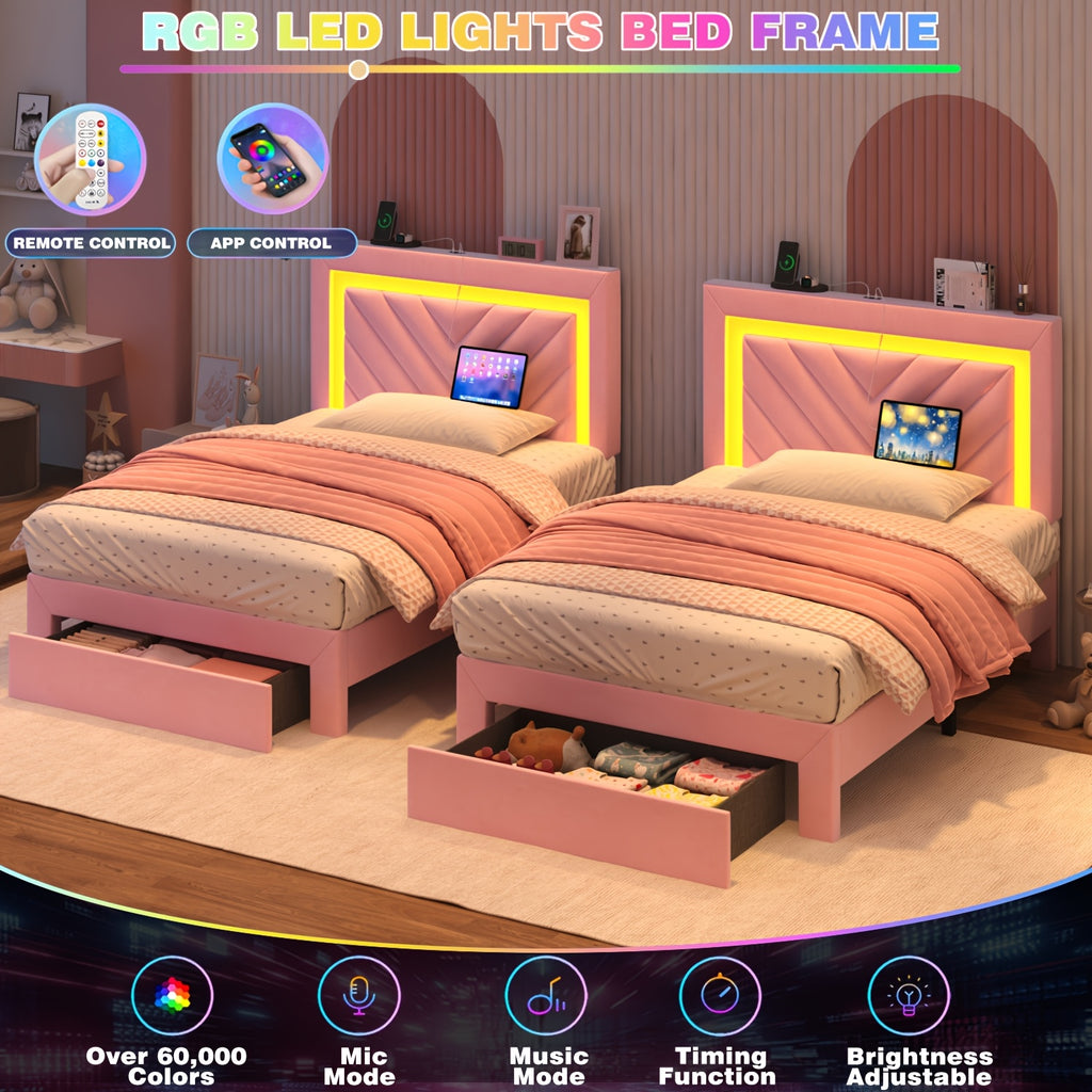 Pink Bed Frame with LED Headboard and Charging Station, 2 Storage Drawers, No Box Spring Needed, Noise Free