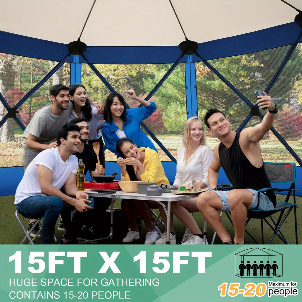 12X12Ft Pop-Up Canopy, Without Cloths, with Octagonal Mesh, One Person Can Quickly Build with a Handbag And Ground Pile, Suitable for Camping, Outdoor Activities