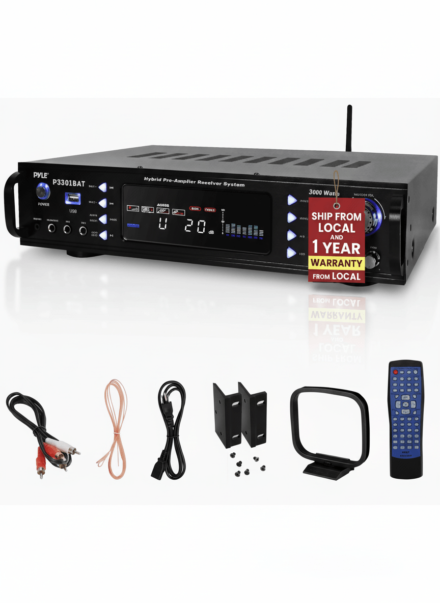 Stereo Amplifier Receiver with 3000W Peak Output, Bluetooth 5.0 and Dual Mic Inputs for Home Karaoke and Events