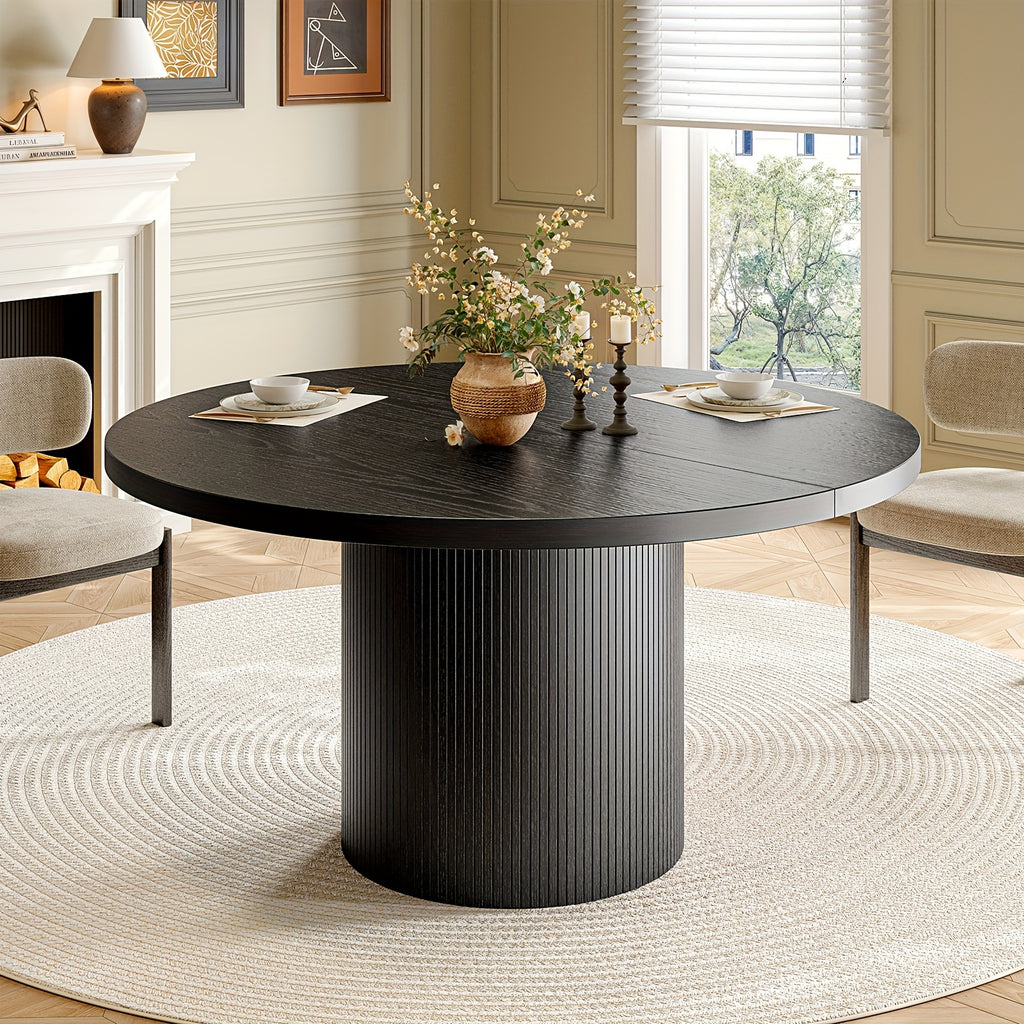 PAZCASA 47 Inch Round Dining Table for 4, Circle Kitchen Table with Wood Strip Base, Modern Farmhouse Dinner Tables for Kitchen, Living Room, Walnut