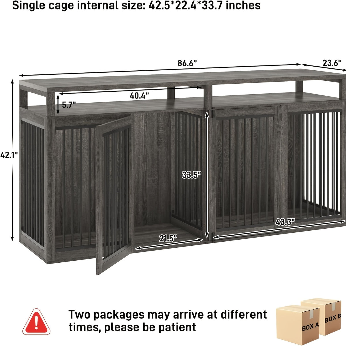 87In Farmhouse Style Dog Crate TV Stand | Wooden Dog Kennel Furniture with 2 Doors, Large Capacity for 2 Dogs, Solid Metal Tube & 4 Lockable Doors