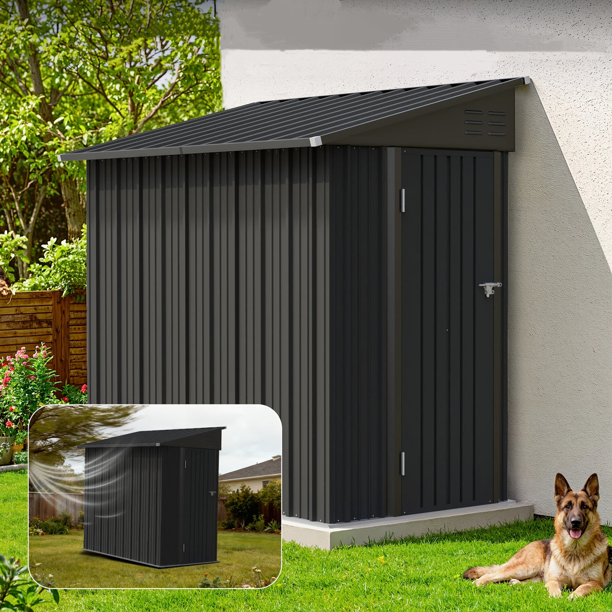 GUNJI 8 X 4.2ft & 6 X 4ft Metal Shed Outdoor Carport Shed with Single Lockable Door, Easily Accessing Metal Storage Cabinet with Slopping Roof for Tools Bicycles Storage for Garden, Backyard