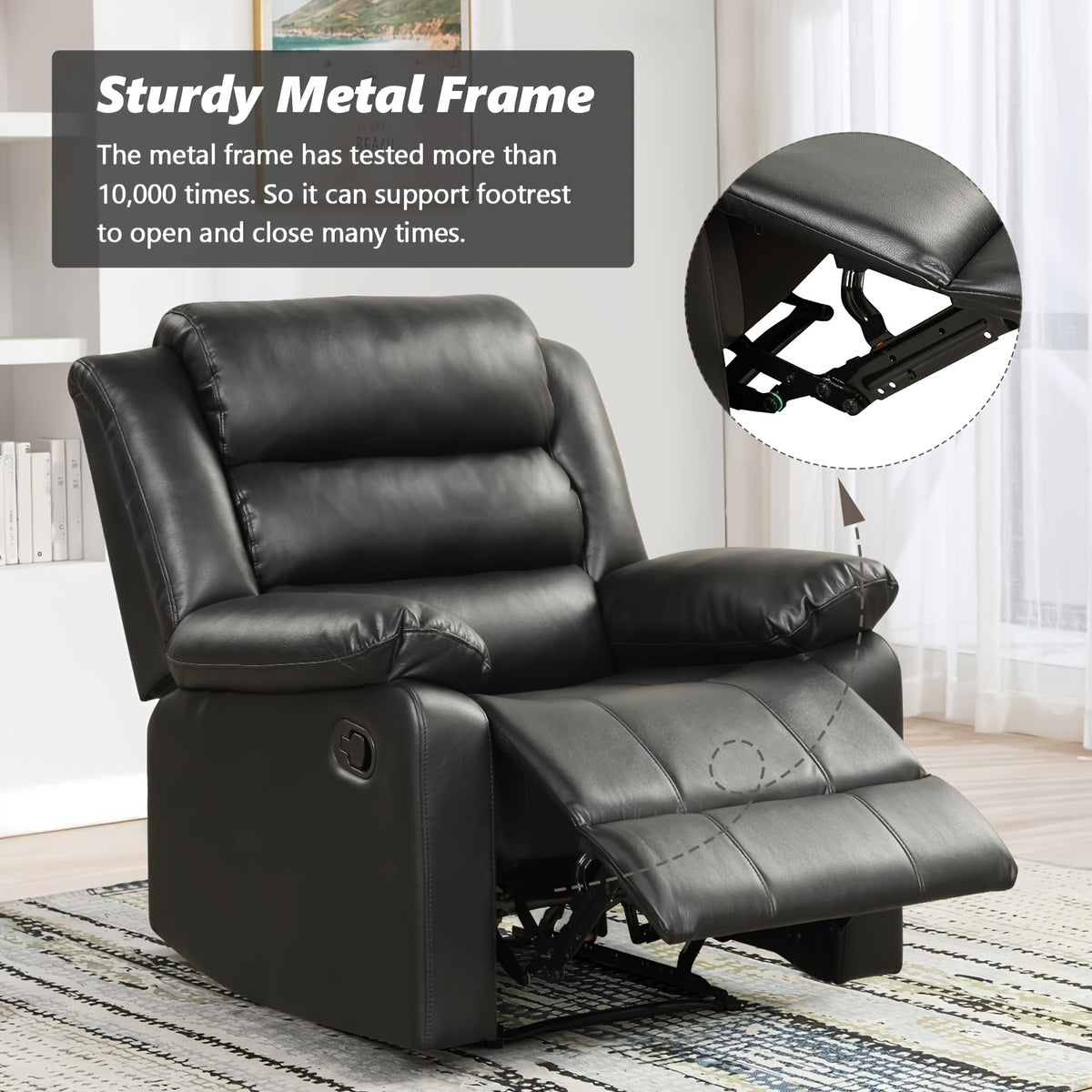 Black Recliner Chair with Overstuffed Arm and Back, Breathable Faux Leather Manual Reclining Chairs, Living Room Single Sofa Recliners