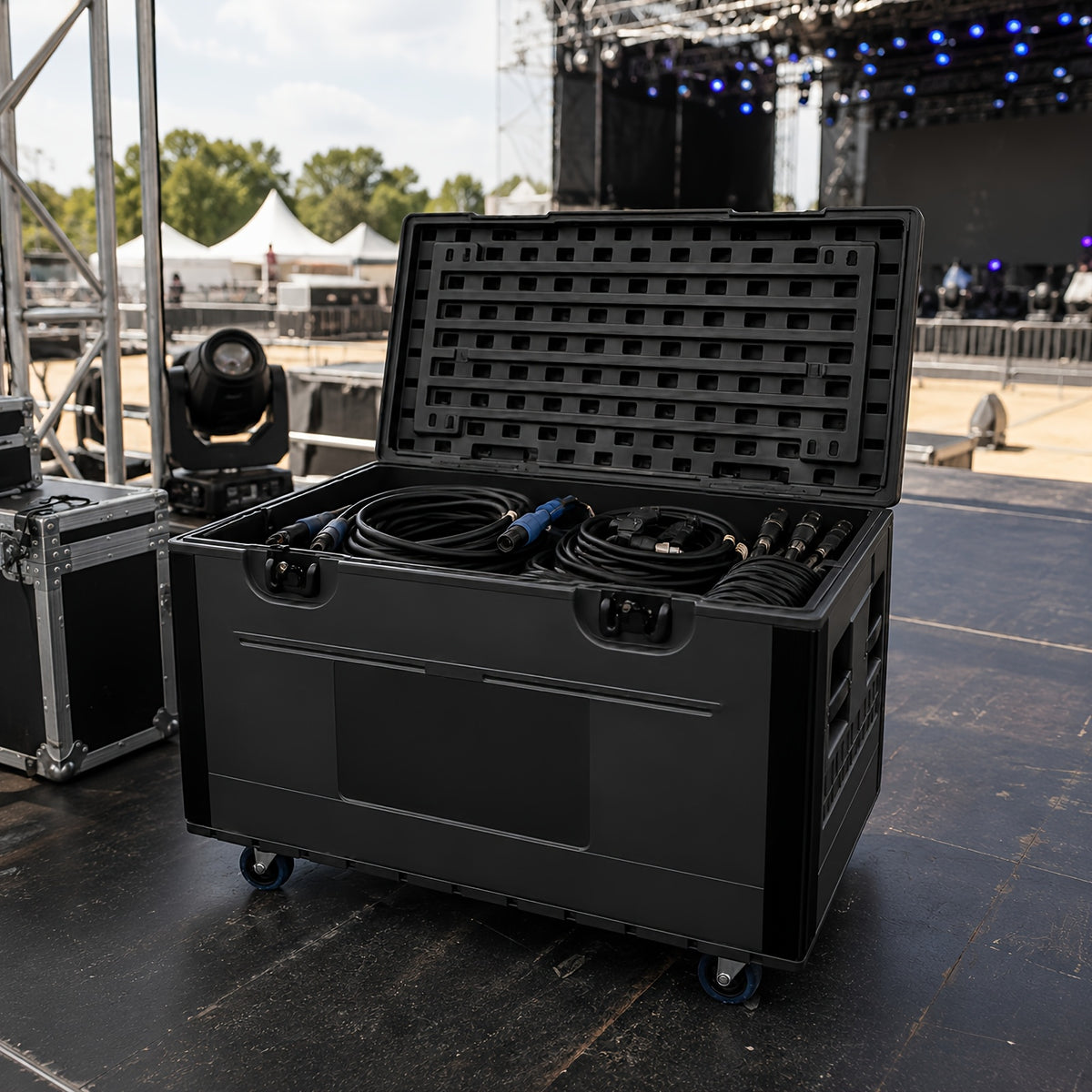 1pc Black Cable Trunk, ATA Road Case, Heavy Duty Utility Road Trunk Flight Case With Wheels, High Density Polyethylene (HDPE), Truck Pack Size Transport For Pro Audio And DJ Touring, Two Sizes Are Available