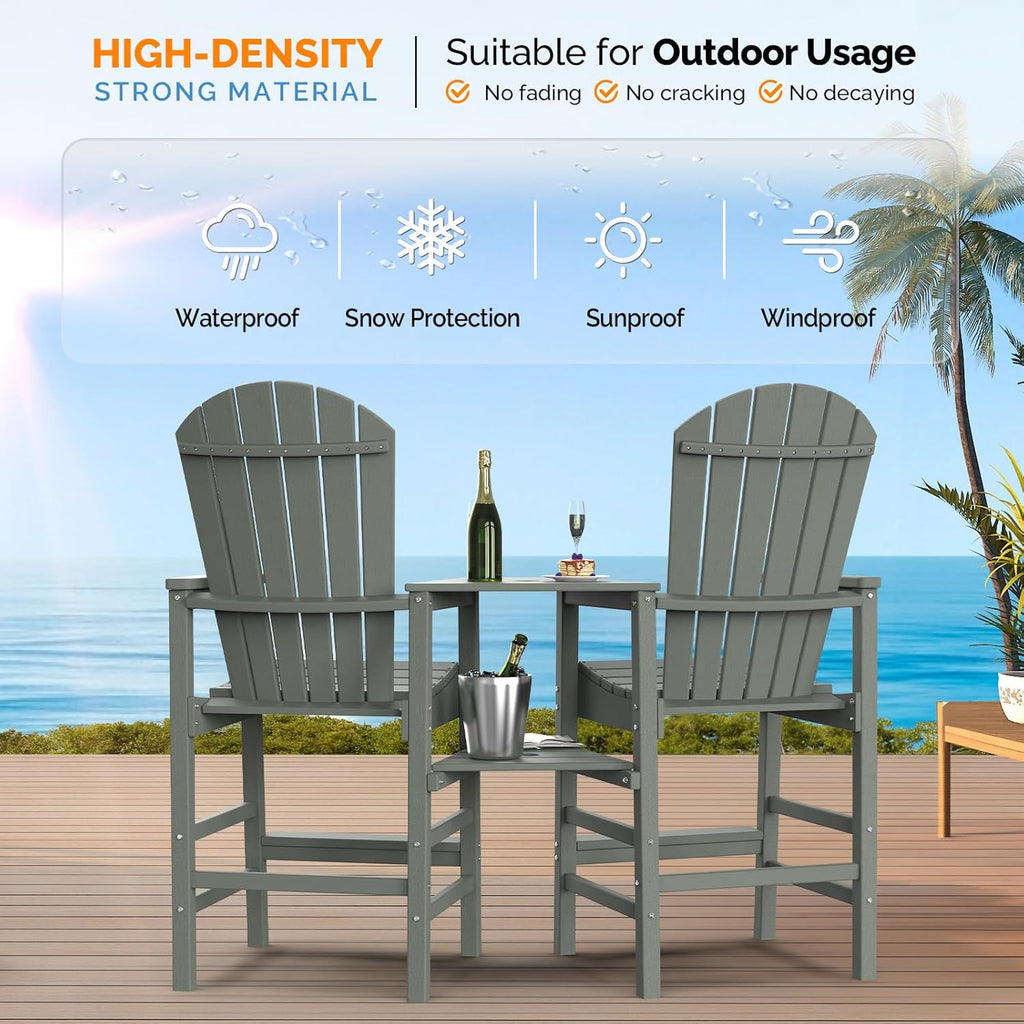 Tall Adirondack Chairs Set of 2 HDPE Balcony Chair with Double Connecting Tray Weather Resistant Outdoor Bar Stools for Patio Deck Lawn Pool Backyard Black
