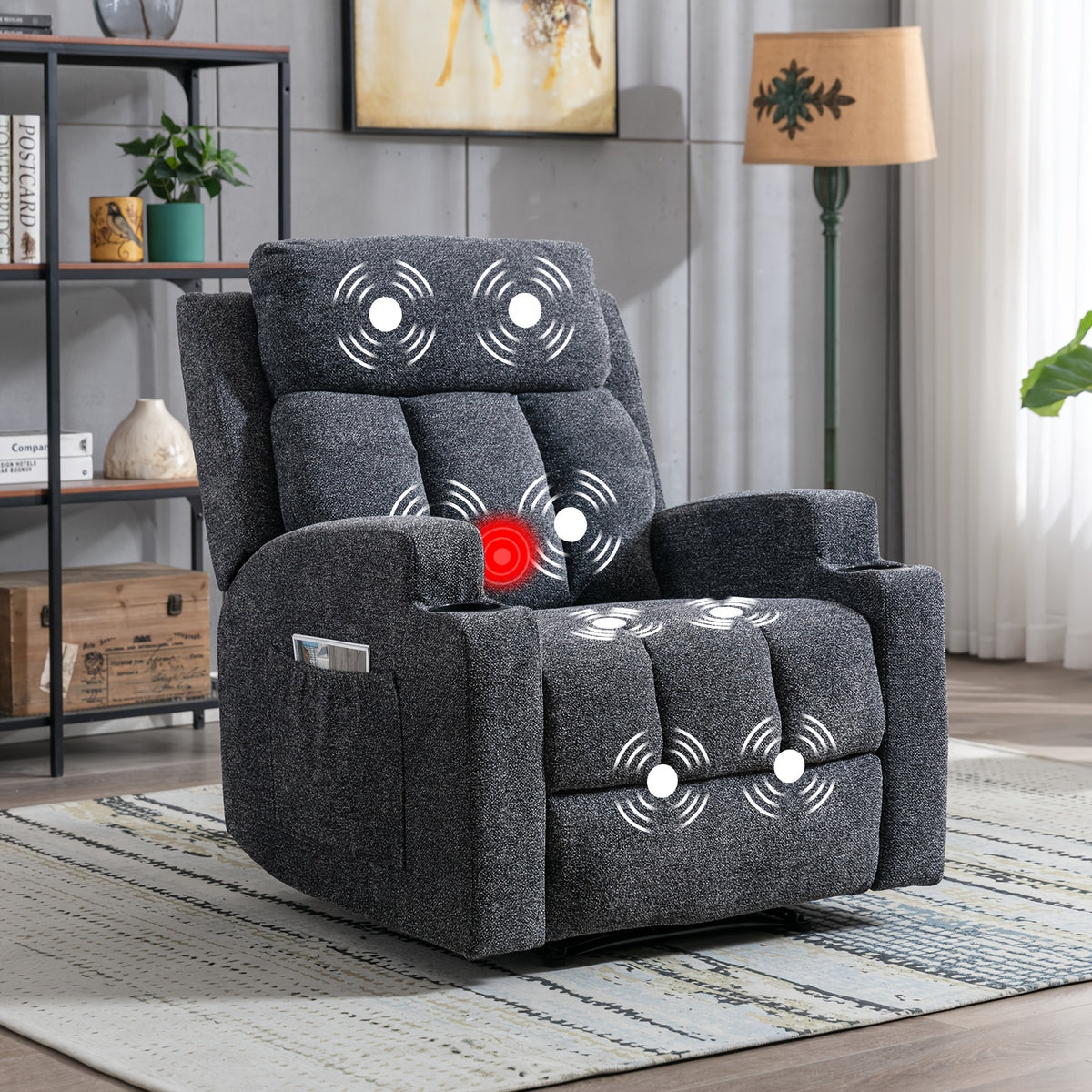 Manual Recliner Chair with Massage And Heat Ergonomic Overstuffed Breathable Fabric Reclining Chair with 2 Side Pockets, 2 Cup Holders, Remote Control, for Game & Recreation Room Furniture