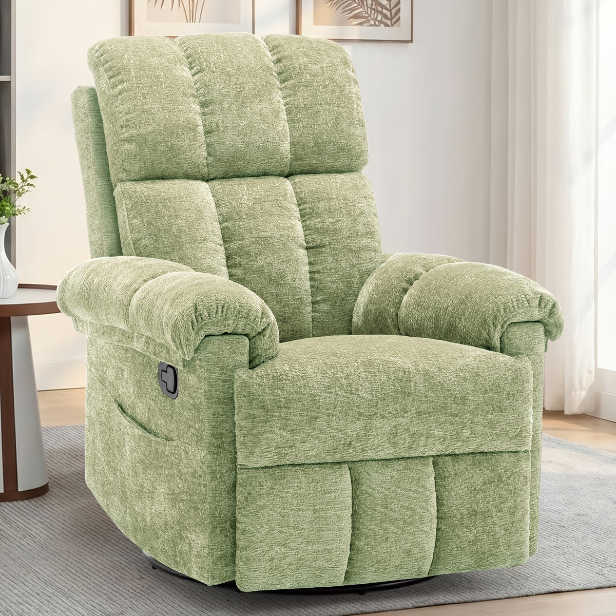 Living Room Single Chair, 360° Swivel Rocking Chair, Manual Rocking Chair for Small Spaces, Rocking Chair with Side Pockets And Armrest Storage, Deep Seat Cushion And Plush Backrest, Chenille Fabric, a Recliner Suitable for The Living Room