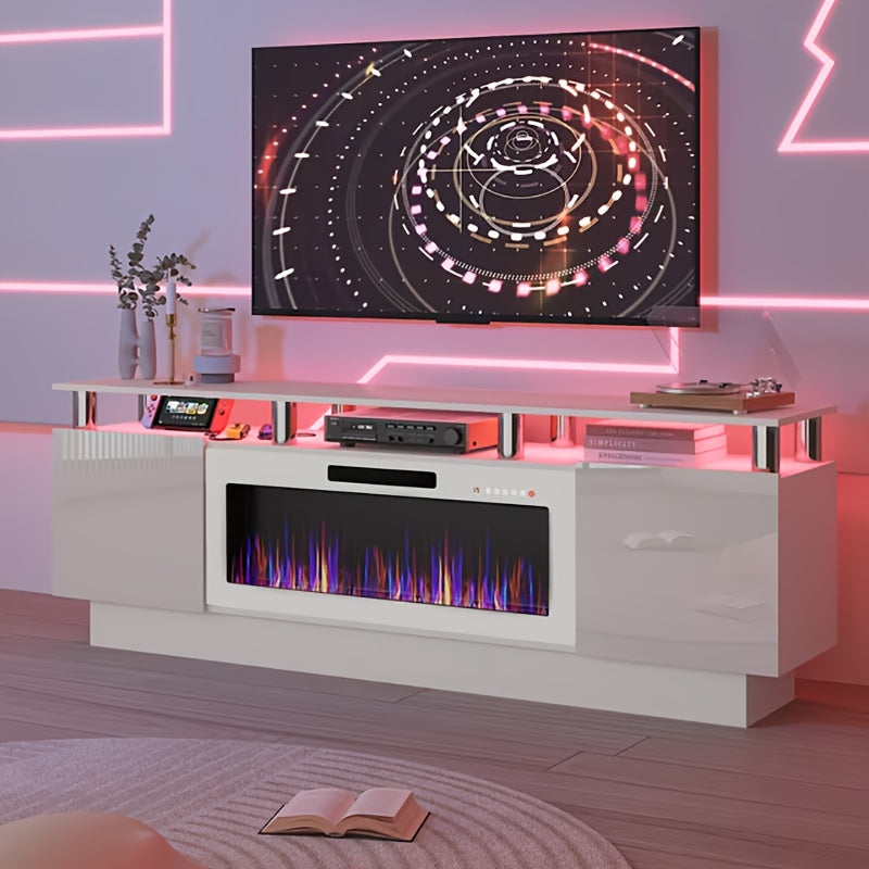70-Inch Contemporary TV Stand Featuring a 36-Inch Electric Fireplace, Designed As an Entertainment for Televisions Up to 80 Inches, with Modern Wooden Media Storage Cabinets Suitable for The Living Room