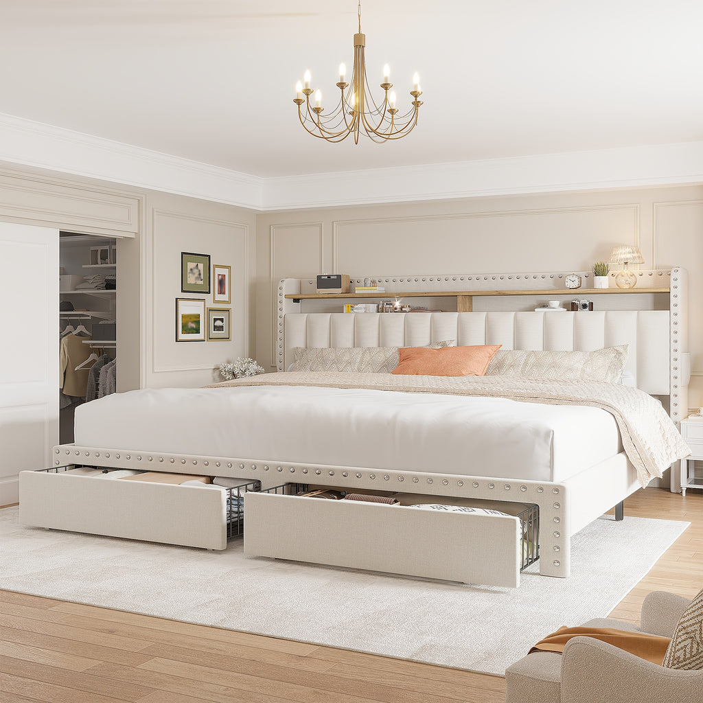 Soft Upholstered Bed Frame with 2 Storage Drawers & Naked Mattress Foundation | Full/Queen/King Size Low Profile Platform Bed Base, Heavy Duty 1000lbs Steel Frame, No Box Spring Needed for Apartments/Dorms | Easy Assembly (Gray/Beige)