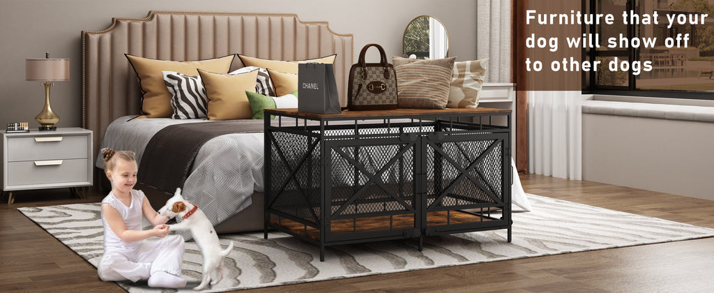 Dog Crate Furniture, Dog Kennel for Small Medium Large Breed, Heavy Duty 43" Large Corner Dog Crate, Indoor Pet Cage with Side Door