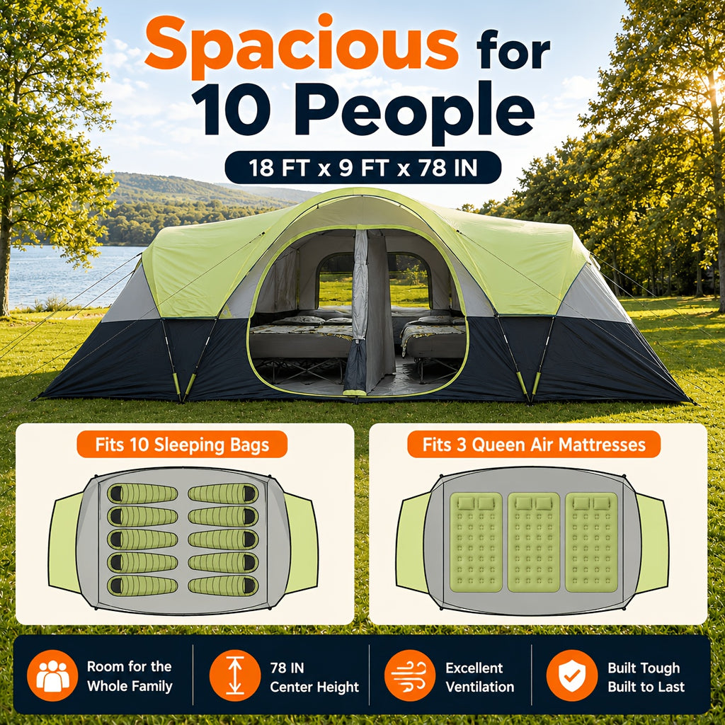 Spacious 10-Person for family Camping Tent, 2-Room Privacy Cabin Tent, And Windproof with Mesh Window, Easy Setup for Family Outdoor Trips And Backyard Parties