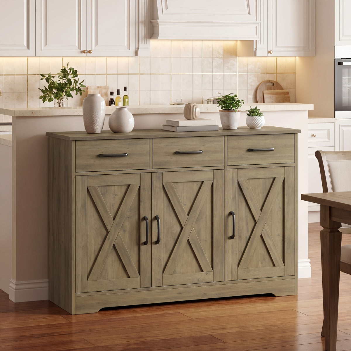 FULTRU Modern Farmhouse Cabinet with Barn Door & Sliding Panel Doors Suitable for Kitchen, Dining Room Storage, Freestanding Buffet Furniture with Drawers and Open Shelves, Assembly Required, Multifunctional Sideboard