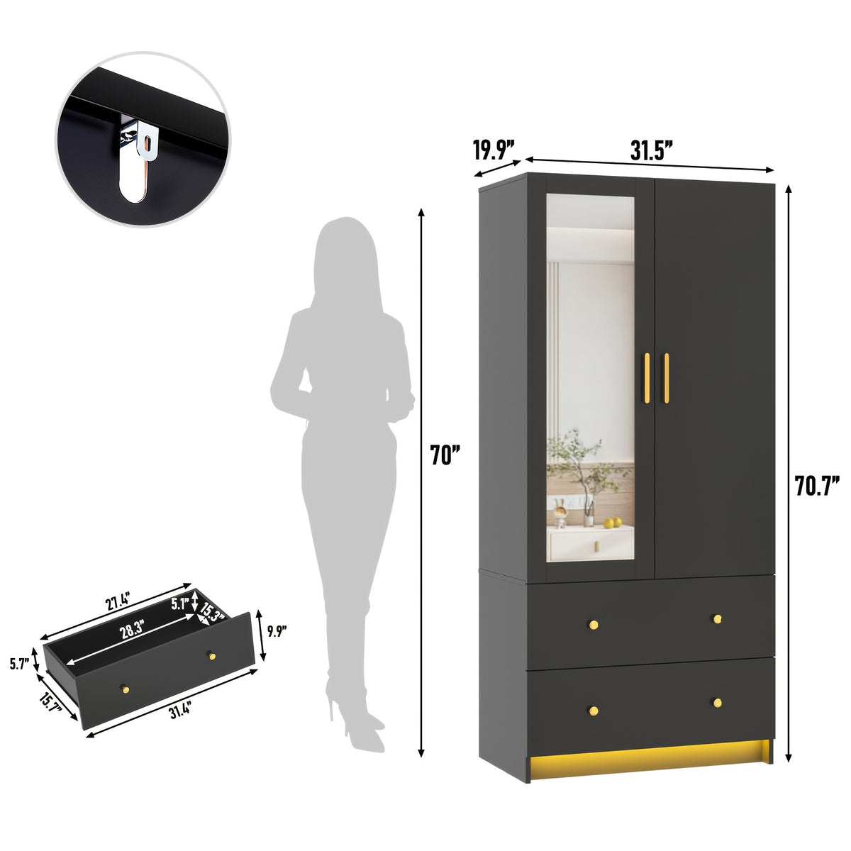 Modern Wardrobe Closet with Mirror And LED Lights, Bedroom Armoire with Drawers And Shelves, Wooden Closet Cabinet with Hanging Rod
