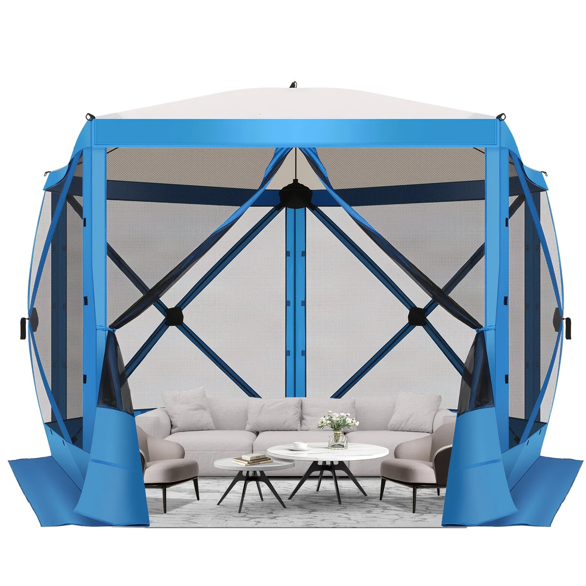 10X10Ft Pop-Up Canopy Tent with Mosquito Net, Garden Gazebo, Privacy Screen/Shade Curtain, Camping Tent, Instant Center Tent Canopy, Comes with Carrying Bag And Ground Stakes, Outdoor Garden Furniture, Suitable for Camping, Gardens, Lawns, And Patios