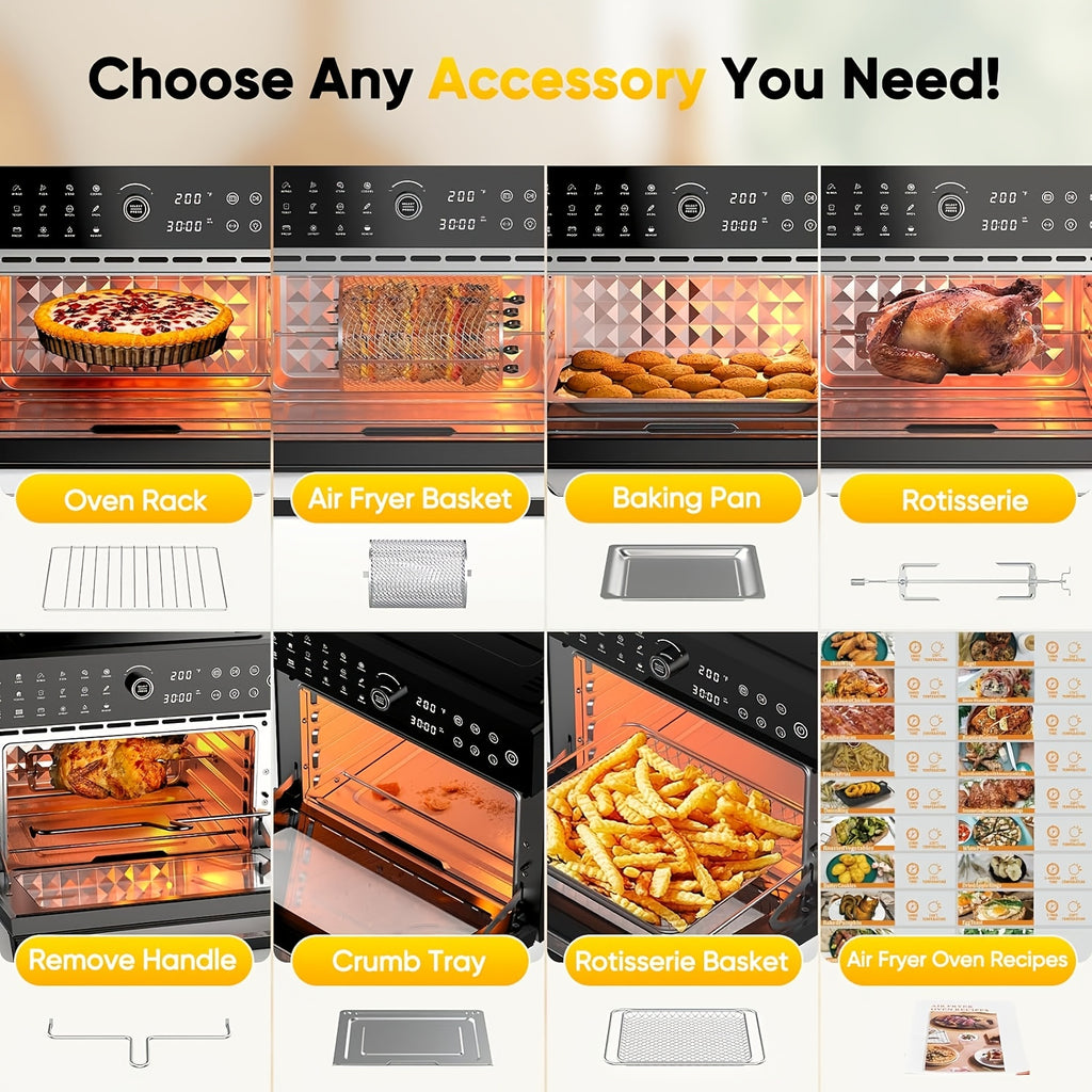 Extra Large 32-Quart Air Fryer, Digital Air Fryer Oven, and Toaster Oven Combo - 20-in-1 Countertop Convection Oven with 13" Pizza Pan, 7 Accessories, Clear Door, 1800W Dual Cooking, 360° Hot Air Circulation for Healthy Meals - Black. 86-450℉.