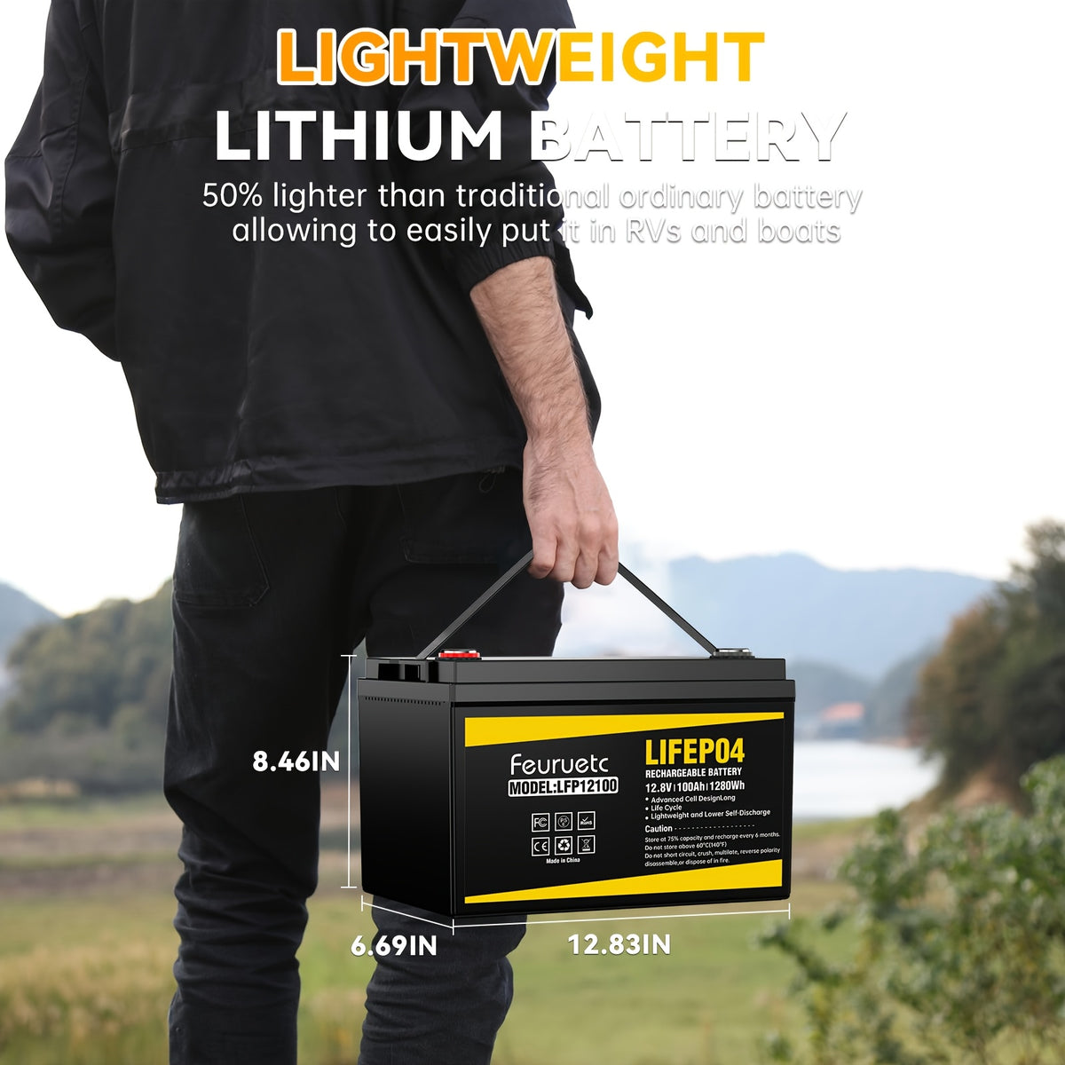 Feuruetc 12V 100Ah LiFePO4 Lithium Battery, Deep Cycle Golf Cart Battery With Built-in 100A BMS, 15000+ Cycles, Perfect Replacement For Lead-Acid, Lightweight & Long-Lasting For RV, Camper, Solar Energy Storage, Off-Grid Power System