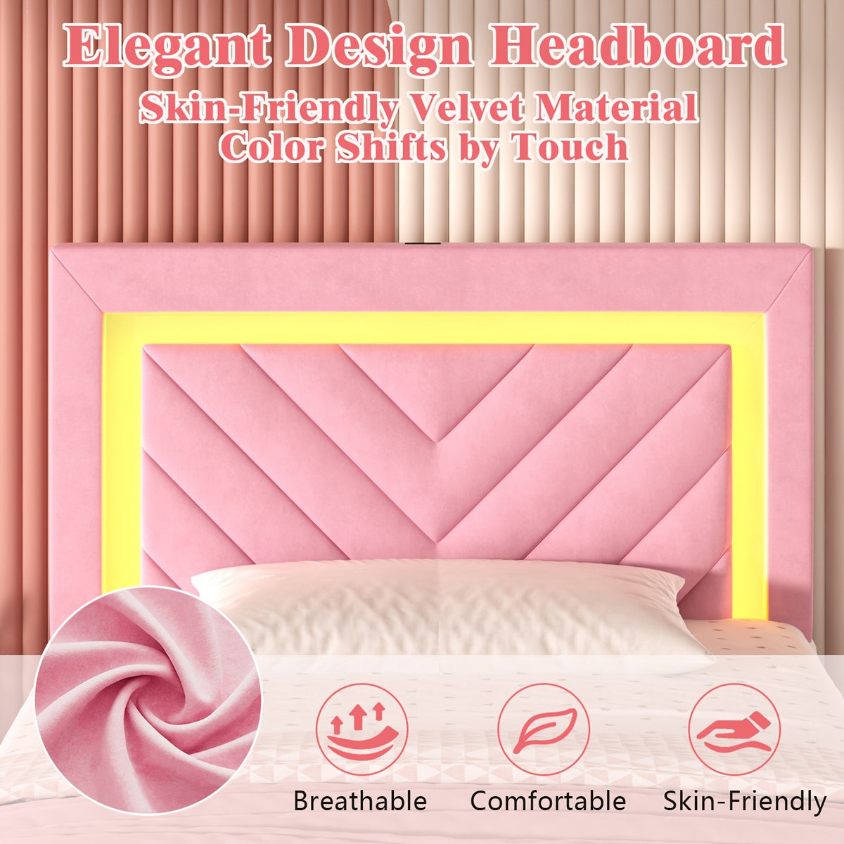 Pink Bed Frame with LED Headboard and Charging Station, 2 Storage Drawers, No Box Spring Needed, Noise Free