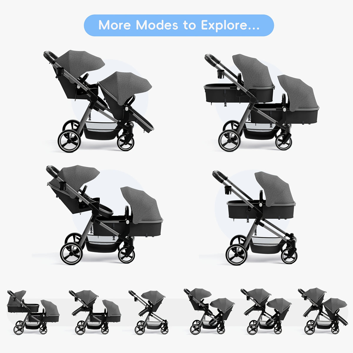 Foldable Double Stroller - Tandem Design with Adjustable Backrest, Reversible Seat, Five-point Safety Harness and Storage Basket - Convertible Bassinet for Infants and Toddlers