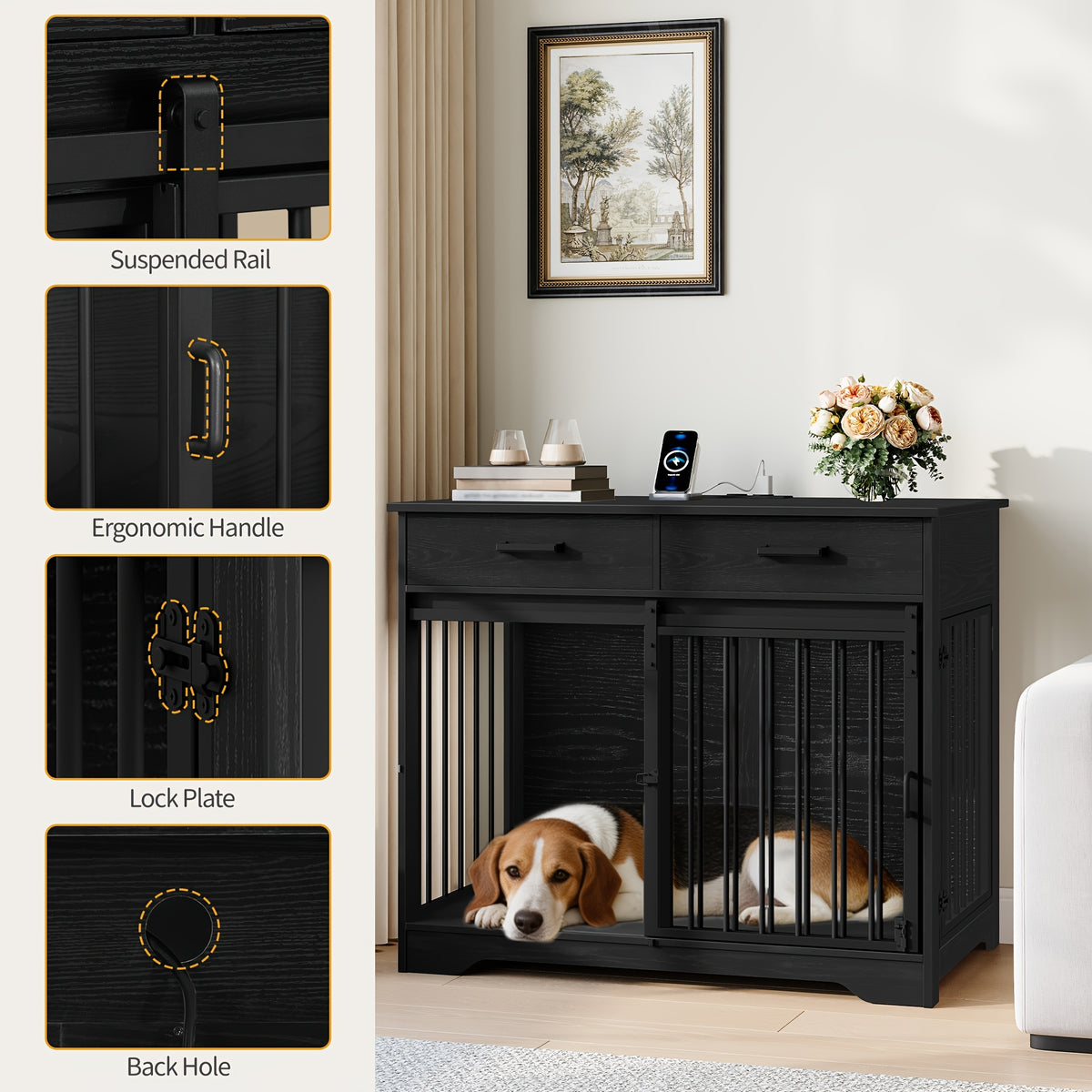 38.2'' Dog Crate Furniture with Charging Station, Barn Door Dog Kennel Indoor with 2 Storage Drawers, Wooden Pet Cage End Side Table for Medium/Large Dogs, Chew-Proof, Black/White Brown