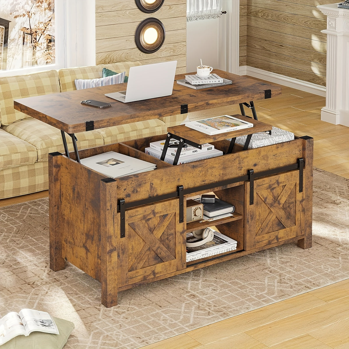 Farmhouse Lift Top Coffee Table with Hidden Compartments And Open Shelves, Center Table with Sliding Barn Door for Living Room Home Office, Light Oak Gray