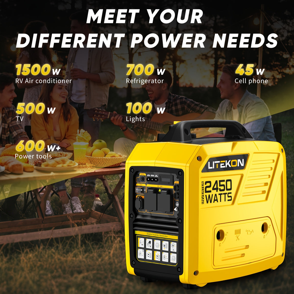 2450 Watt Inverter Generator, Quiet Gas Powered Generator, 1.6 Gallon Large Fuel Tank Fuel Capacity Up to 14 Hours, 120V AC Outlet, DC USB C Port, Parallel Ready, Metal Construction, Mobile Power Source, Robust Construction, Portable Generator
