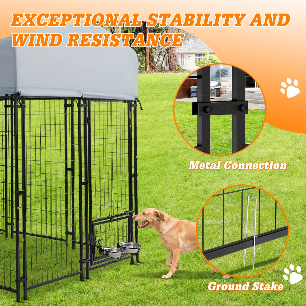 8x4x6ft Outdoor Dog Kennel with Roof Cover, Heavy Duty Dog House Outside with Lockable Door, Indoor Dog Playpen Outdoor Dog Cage Pen Pet Fence with 2 Rotating Feeding Bowls for Large Dogs