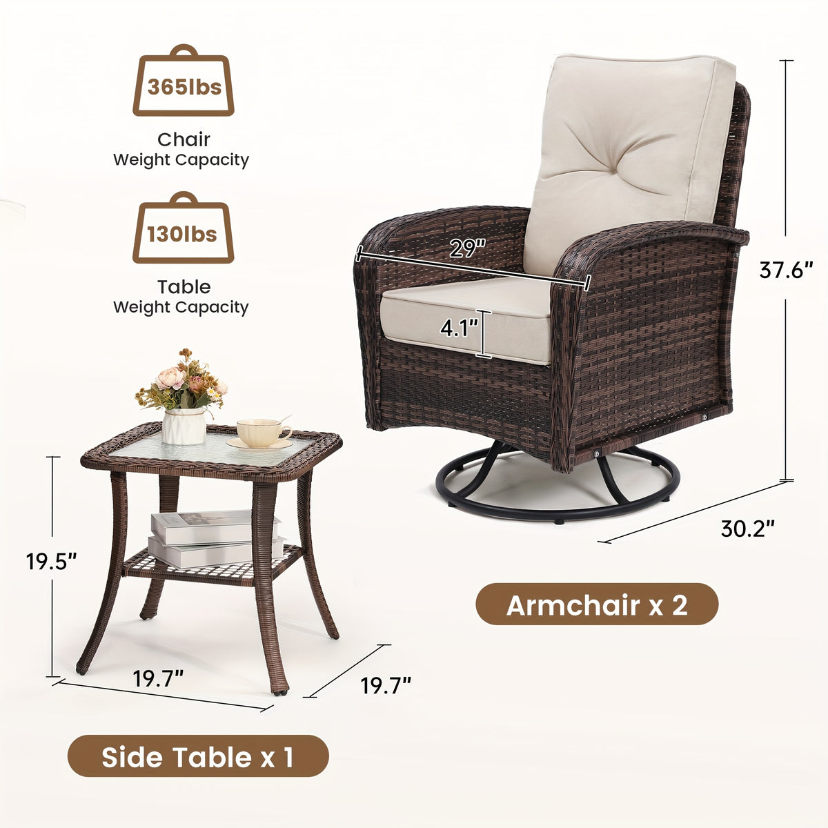 3pcs Patio Wicker Glider-Rocker Set, 360-Degree Swivel, Includes 2 Large Wicker Gliders And Matching Rattan Table, Thick Comfortable Washable Cushions, Perfect for Deck, Porch, Patio, As an Accent Chair Set