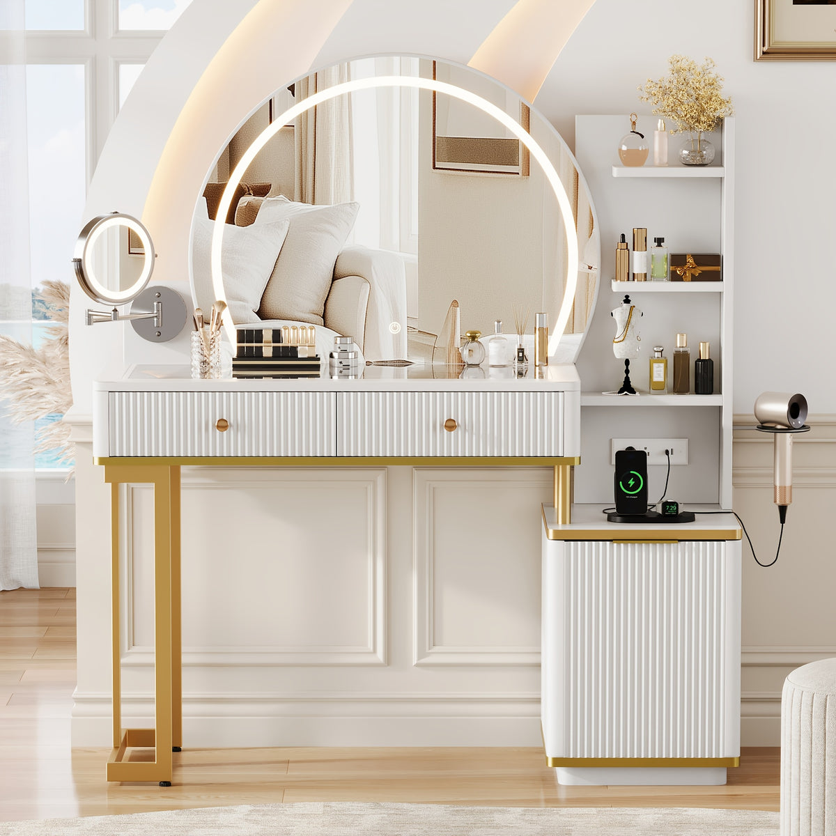 49.8"L Fluted Makeup Vanity Desk with Large 23.6"H Mirror And Lights, Modern Glass Top Big Vanity Table with 2 Drawers & Adjustable Shelves, Dressing Table with Charging Station for Bedroom