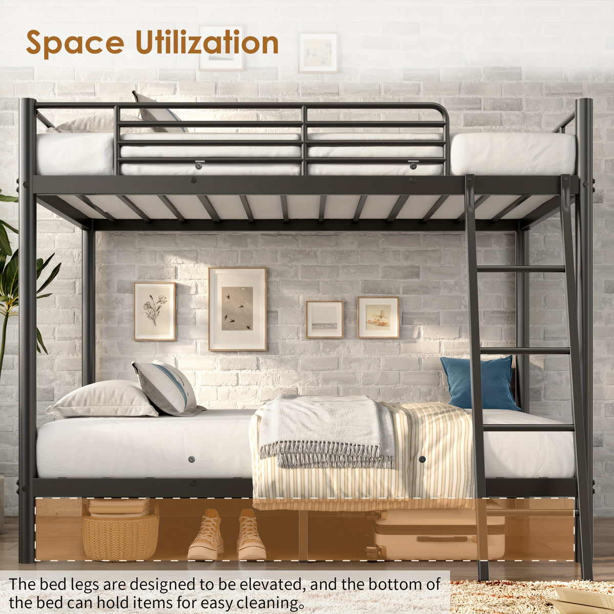 Bunk Beds Twin Over Twin/Full Size, Heavy Duty Metal Bunk Bed Frame With Angled Ladder For Spaces-Saving, Smooth Rounded Edges, Noise Free & Easy Assembly, Black