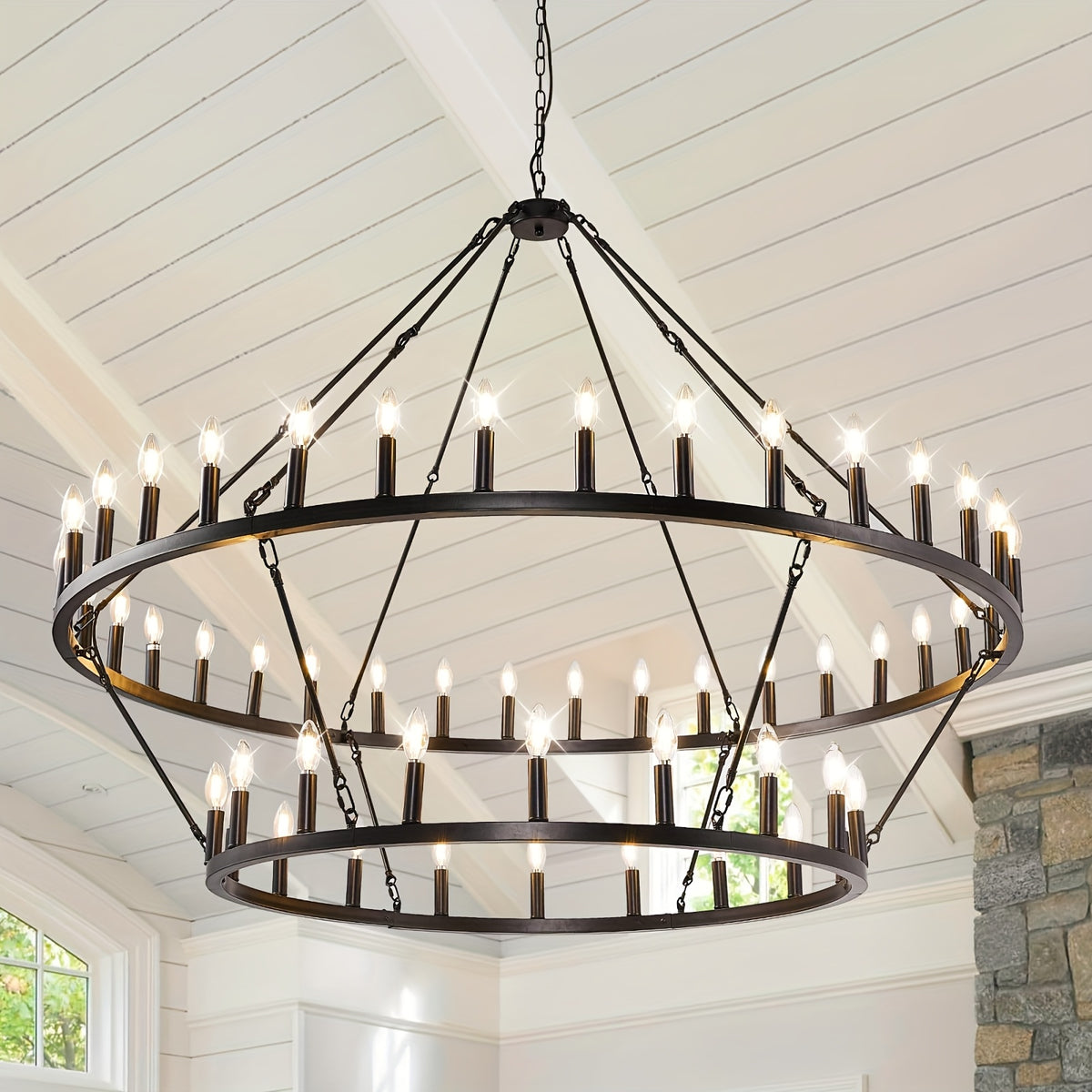 [Modern Farmhouse Chandelier] Modern Farmhouse Chandelier 2 Tier Round Wheel Chandelier Large High Ceiling Light