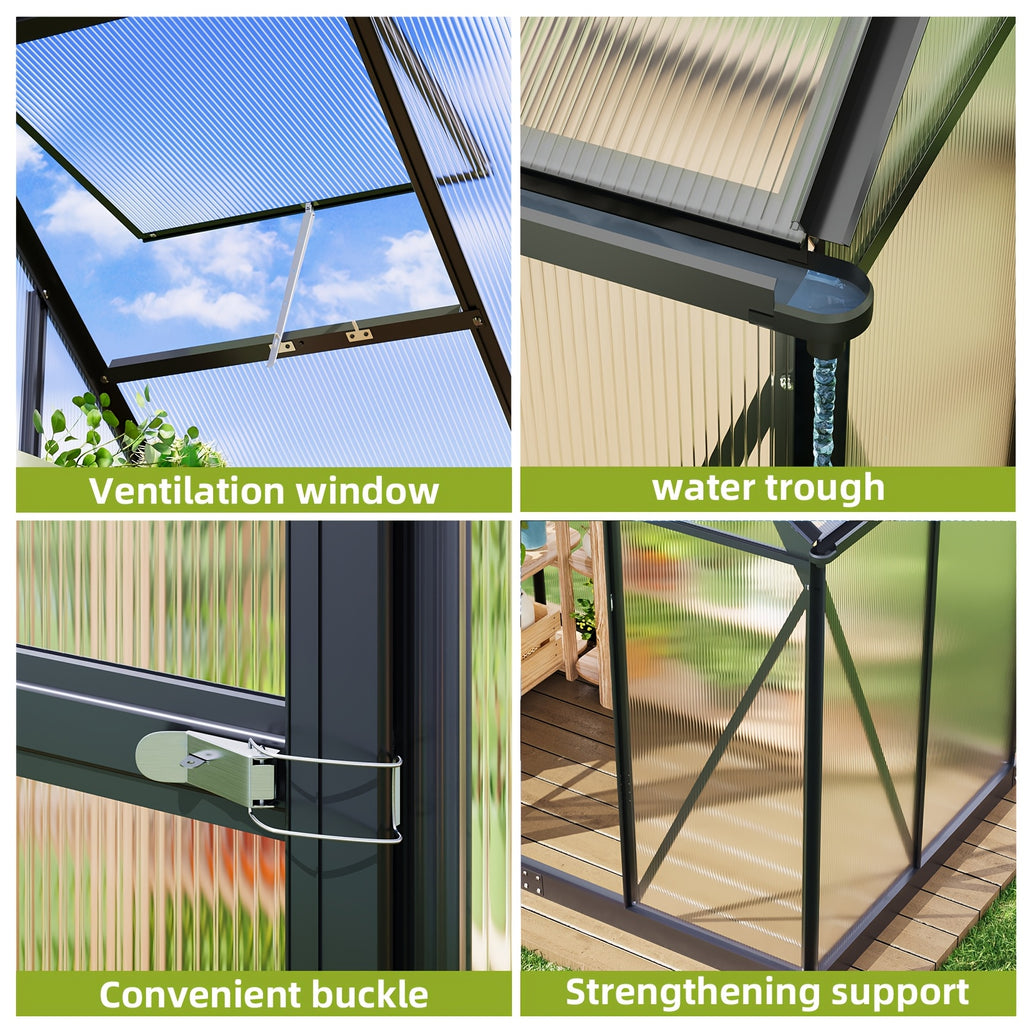 Walk-In Greenhouse with Roof Ventilation, 6 x 4 ft Polycarbonate Garden Structure on an Aluminum Frame