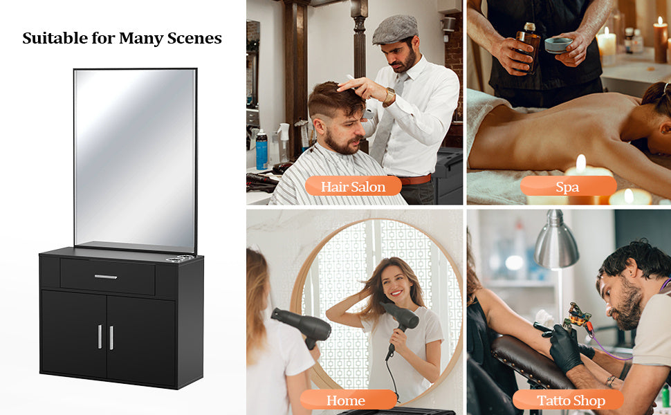 OmySalon Wall Mount Salon Station with Mirror, Hair Styling Barber Station, Beauty Salon Spa Equipment with 1 Drawer, 1 Storage Cabinet, 2 Hair Dryer Holders, Black