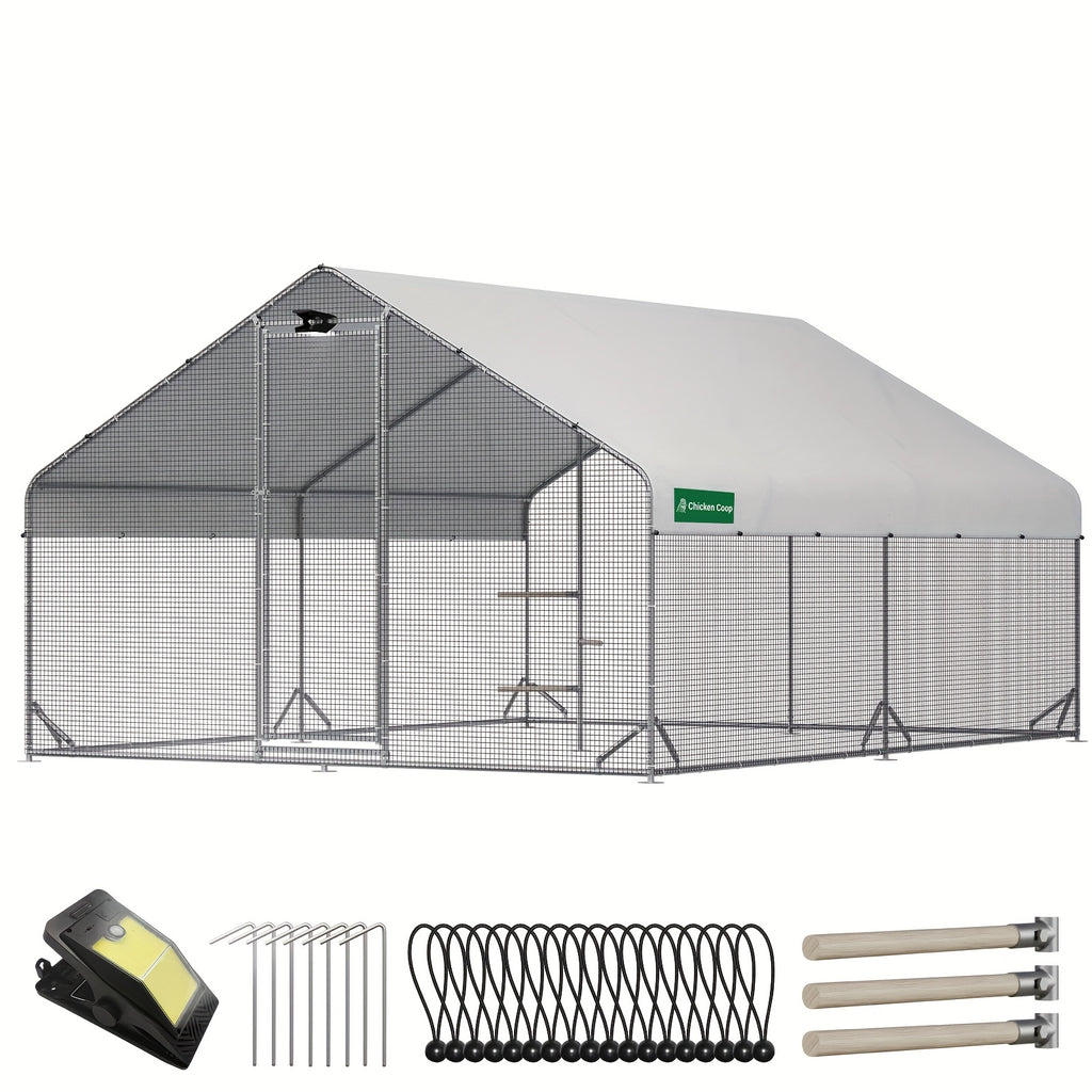 Large Walk-in Metal Chicken Coop with Chicken Run & Hardware Cloth, Solar Light, UV-Resistant Cover, Outdoor Poultry Cage for Farm Use