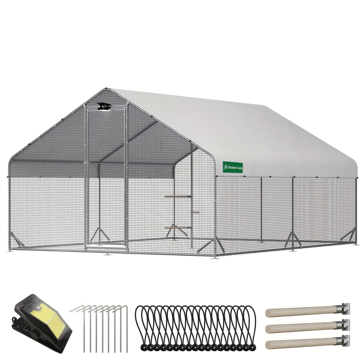 Large Walk-in Metal Chicken Coop with Chicken Run & Hardware Cloth, Solar Light, UV-Resistant Cover, Outdoor Poultry Cage for Farm Use
