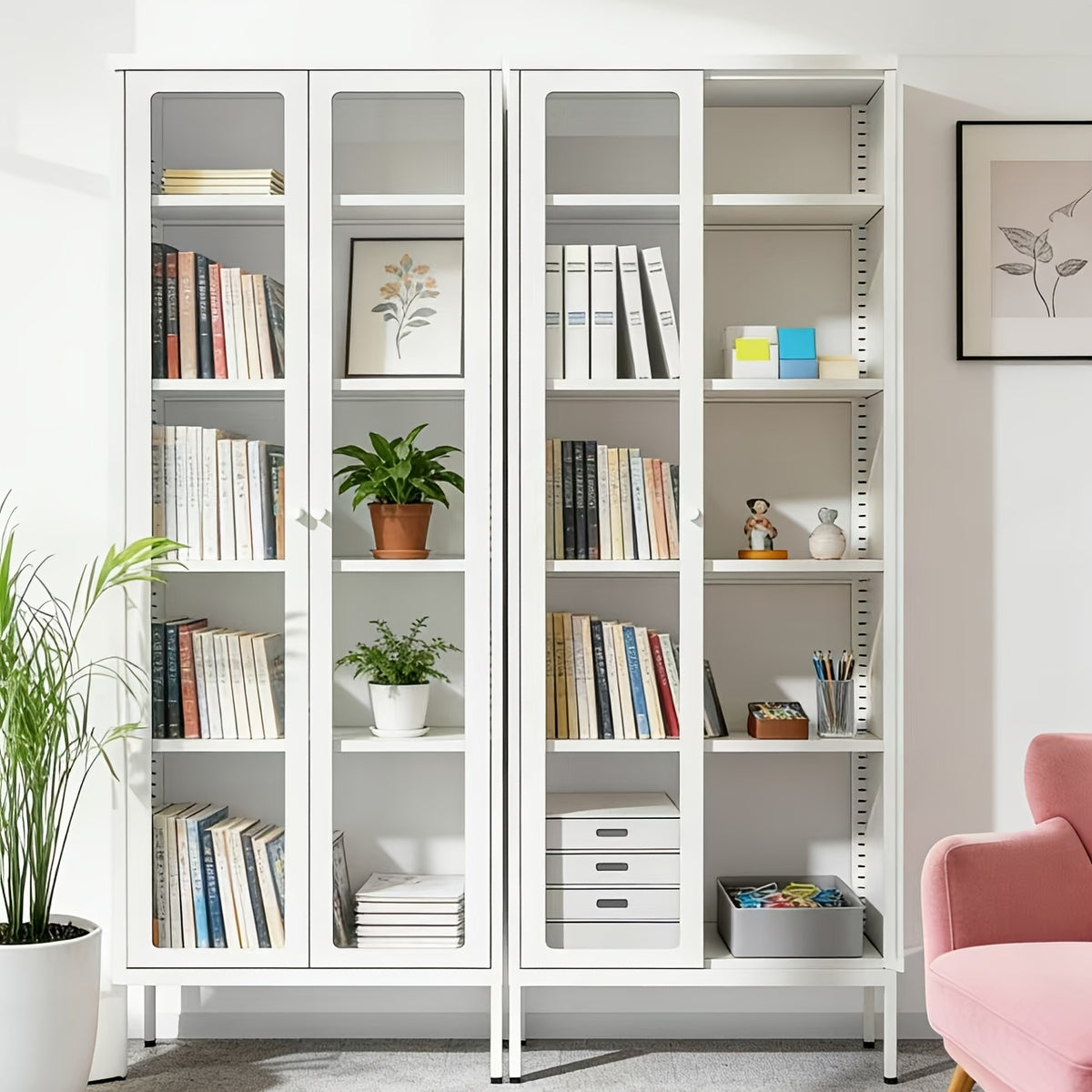 67 Inch Metal Storage Cabinet, Tall Curio Display Glass Cabinet Bookcase with 2 Glass Doors And 4 Shelves, Modern Floor Utility Locker for Office Living Room Bathroom Home Entryway