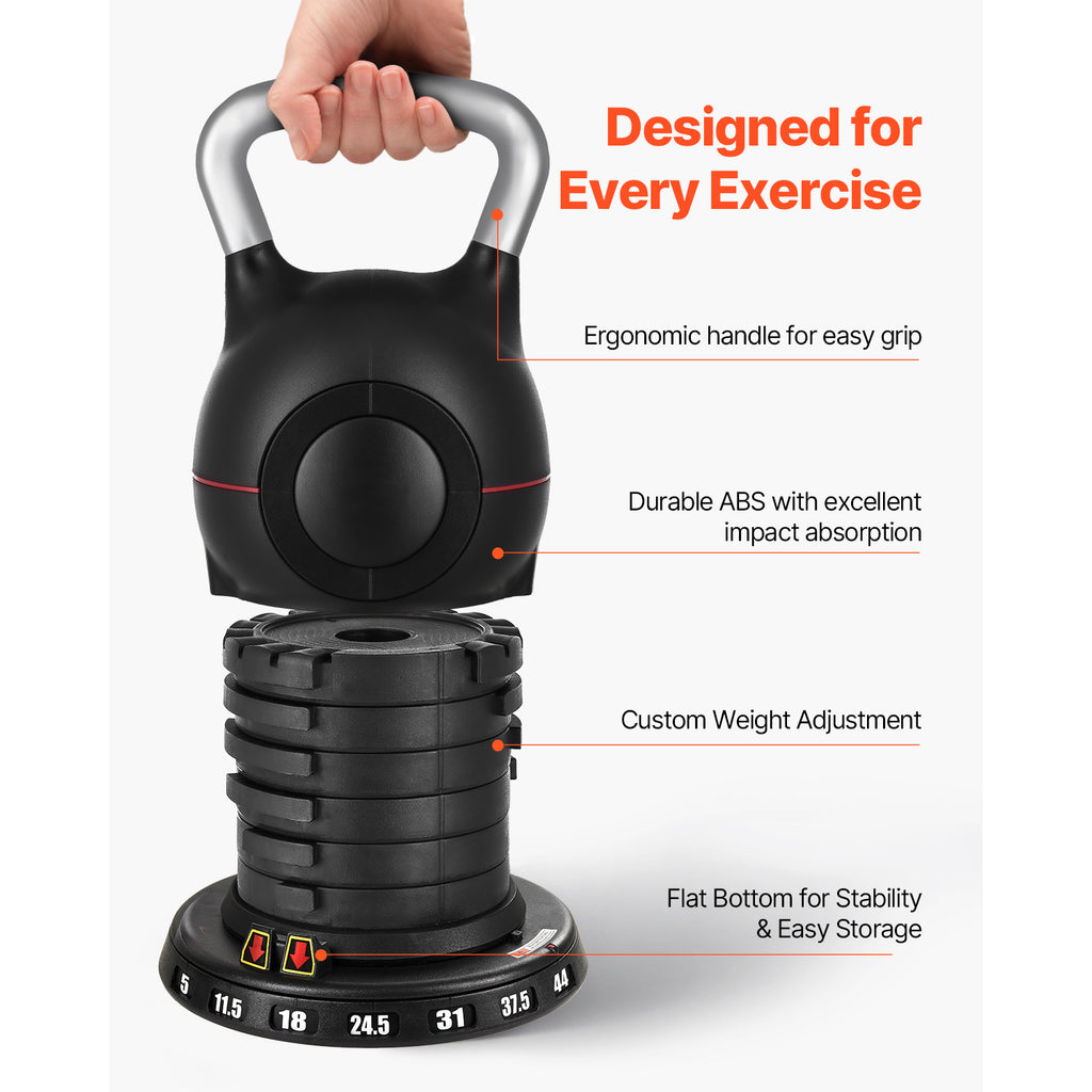 VEVOR Kettlebell, Adjustable Kettlebell with 7 Weight Levels (5, 11.5, 18, 24.5, 31, 37.5, 44 lbs), Die-Cast Aluminum and ABS Material, for Grip Strength Training, Full-body Workout & Cross-Training