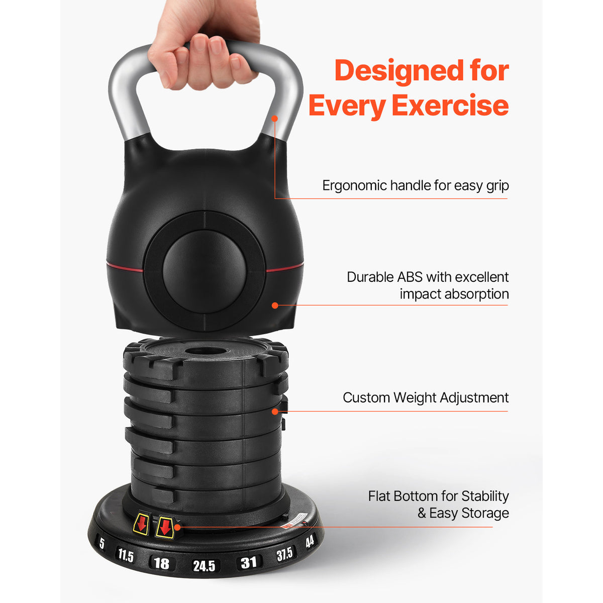 VEVOR Kettlebell, Adjustable Kettlebell with 7 Weight Levels (5, 11.5, 18, 24.5, 31, 37.5, 44 lbs), Die-Cast Aluminum and ABS Material, for Grip Strength Training, Full-body Workout & Cross-Training