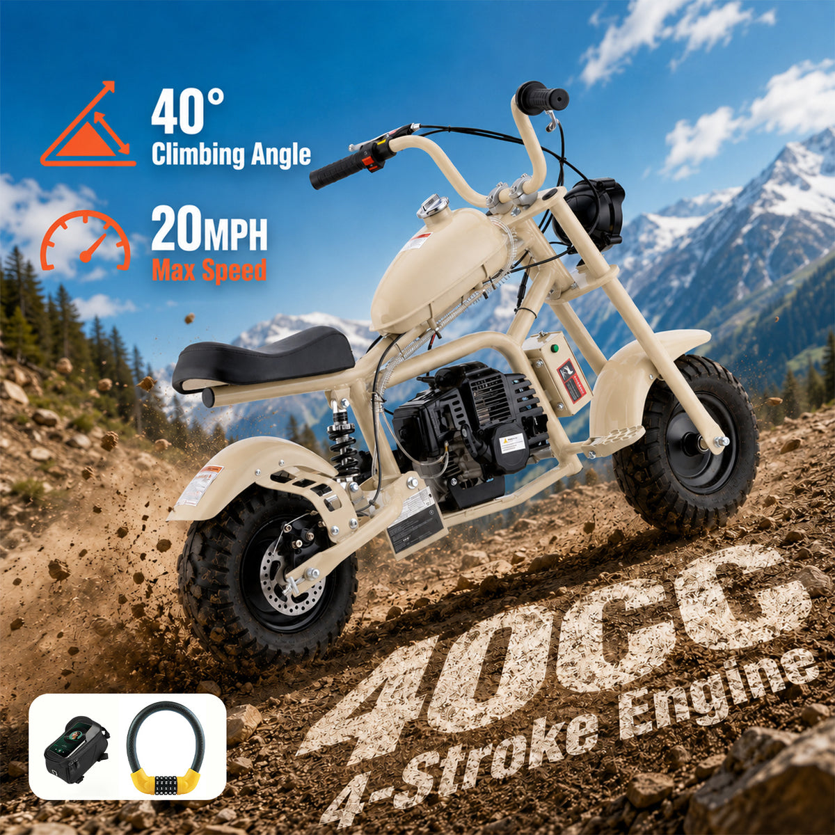 Gas Mini Chopper Bike, DB003 Model 40CC4-Stroke Dirt Bike with Big Headlight, Rear Shock Absorber, Metal Frame, Disc Brakes, Max Load 165Lbs, Up to 20Mph, Product name: gas mini dirt bike, chopper bike