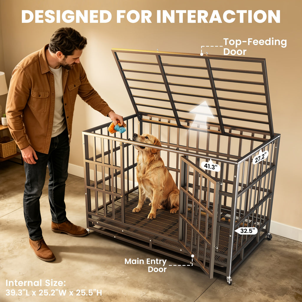 [With Wheels] 42 IN/48IN Heavy Duty Dog Crate Metal Dog Cage With Wheels And Escape-Proof Locks Double Doors Top Opening Large Dog Kennel Removable Tray Easy Assembly Chew-Proof For Big Dogs