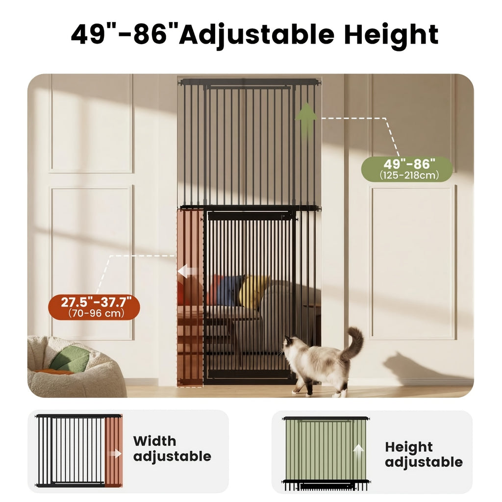 [Adjustable Height & Width] Dog Gate 49"-86" Adjustable Height, Extra Tall Cat Gate for Doorways/Hallways, 27.5"-37" Adjustable Width, Baby Gate with 4 Extensions Kits, No Drilling Pressured Mounted, Black And White