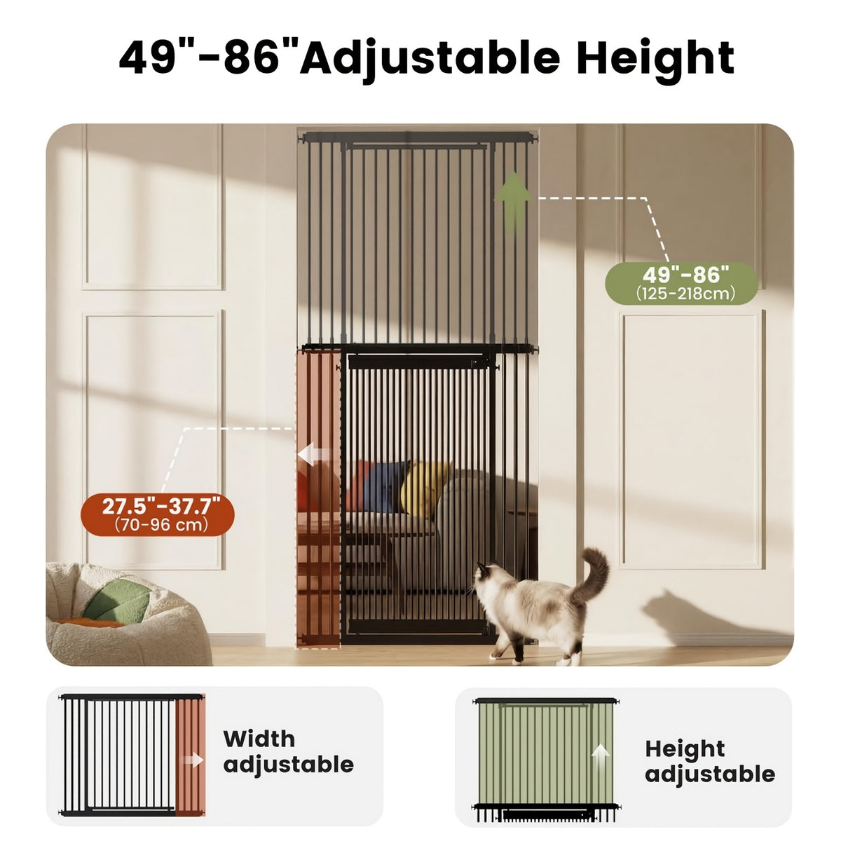 [Adjustable Height & Width] Dog Gate 49"-86" Adjustable Height, Extra Tall Cat Gate for Doorways/Hallways, 27.5"-37" Adjustable Width, Baby Gate with 4 Extensions Kits, No Drilling Pressured Mounted, Black And White