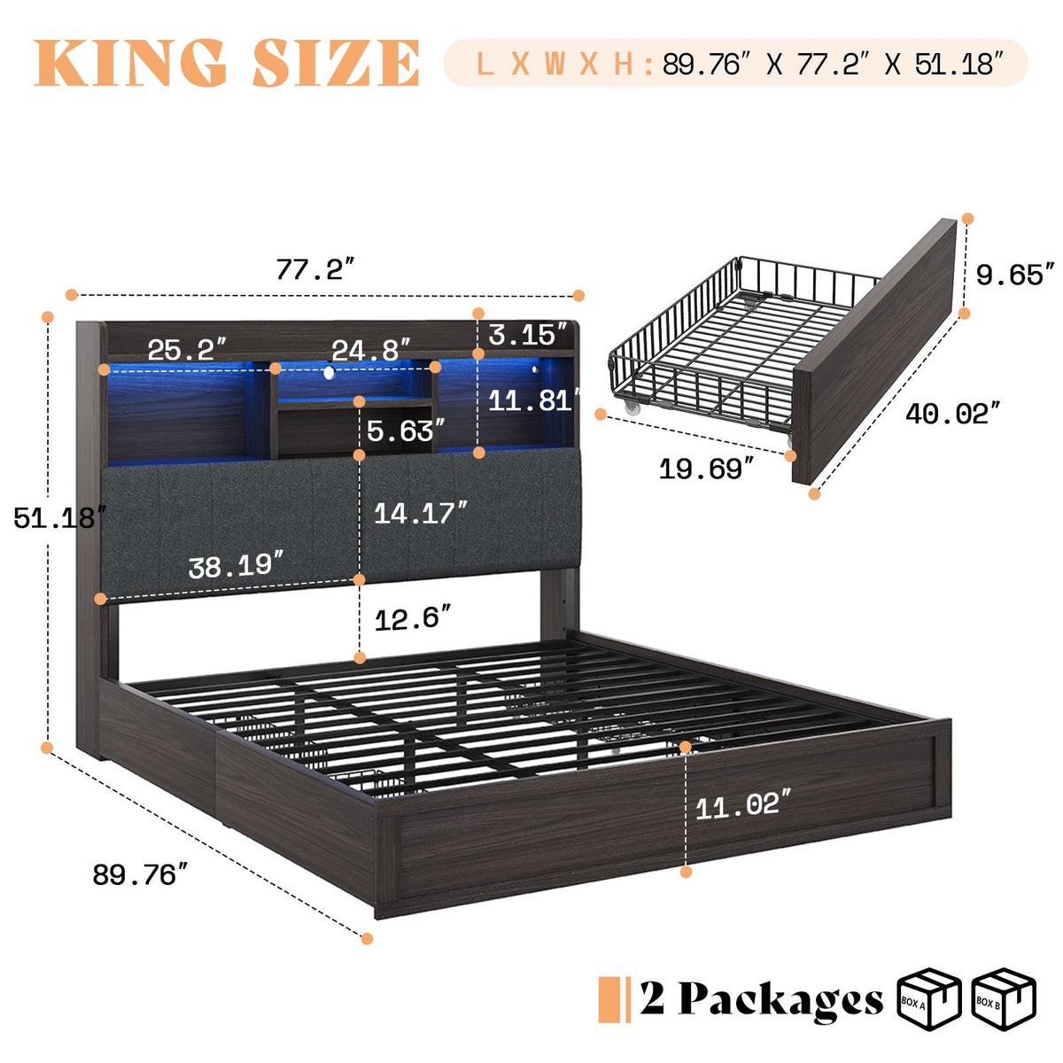 Platform Bed with 4 Storage Drawers, 51.2" Tall LED Bed Frame with Bookcase Headboard, Linen Upholstered, Charging Station& Hidden Storage Area, No Box Spring Needed