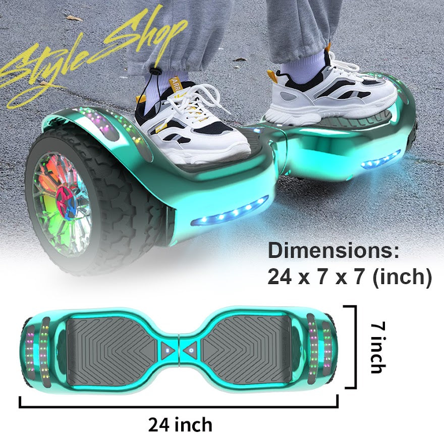6.5-Inch Hoverboard with 10-Mile Range and 7 MPH Top Speed, Self-Balancing Electric Scooter with Dual Motors, Portable Design and Smooth Riding Performance. The compact 6.5-inch wheels provide responsive handling and easy control, while the rechargeable b