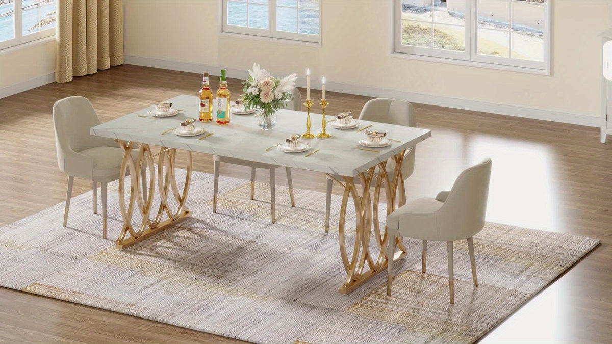 Modern Dining Table for 4-6 People, 63" Large Kitchen Table, Unique Rectangular Dinner Table, Dining Room Furniture with Faux Marble Tabletop And Geometric Legs