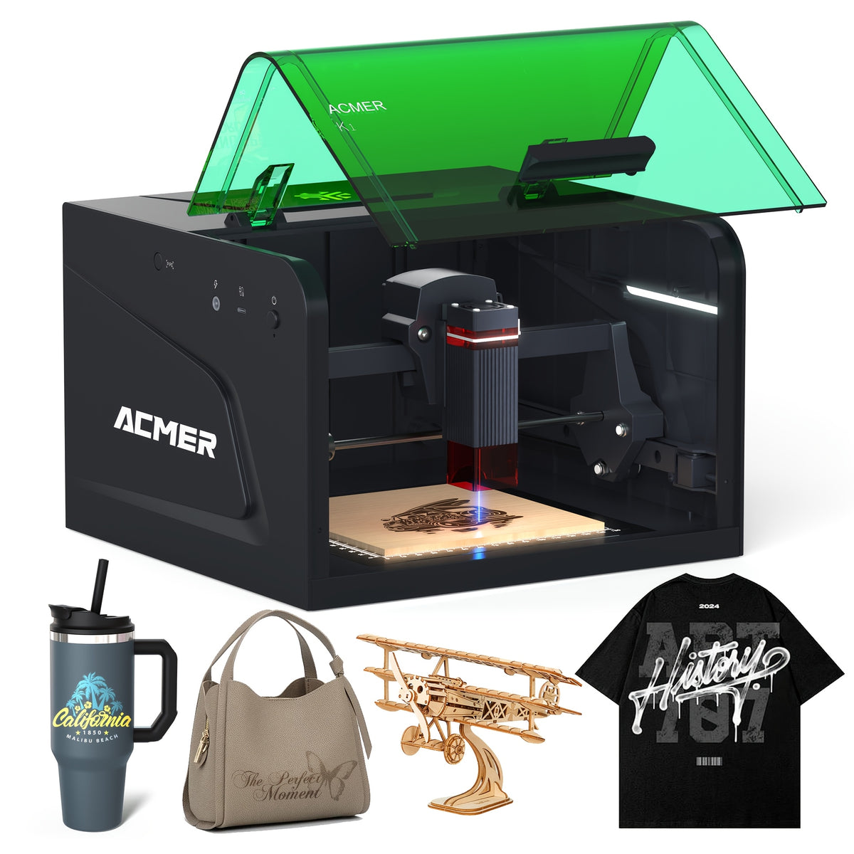 ACMER K1 Laser Engraver: A 2500mW Desktop Laser Engraving Machine With A 150×150mm Working Area And A 0.08mm Fine Engraving Spot. This Compact Laser Cutter Is Ideal For Wood, Plywood, And Acrylic Materials, Meeting The Needs Of Crafters And Small Bu