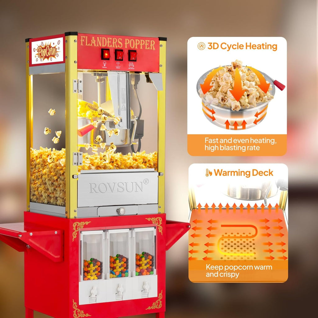 MEFEIR Popcorn Machine w/Cart, Wheels & 8 Oz Kettle Makes Up to 32 Cups ETL Certified, Popcorn Maker w/Candy Dispensers Stainless Steel Scoop, Oil Spoon & 3 Popcorn Cups for Commercial Home Theater