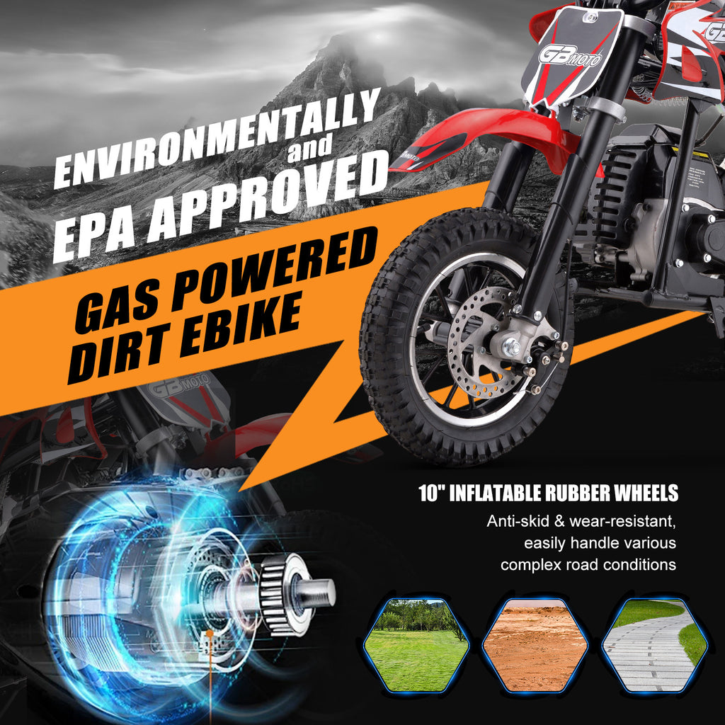 Mini Dirt Bike, 49 CC 2-Stroke Gas Bike (Model :DB001) with Off-Rode Tire, Suspensions, Disc Brakes, Max Load 160Lbs, Up to 20Mph-Included: gloves, face mask, cycling protective gear, cycling boots, and anti-theft lock.