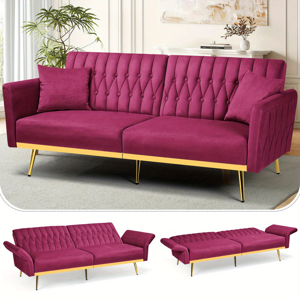 ACMEASE 70-Inch Velvet Convertible Sofa Bed with 2 Pillows, Adjustable Backrest And Armrest Tufted Sleeper Sofa with Golden Metal Legs for Living Room
