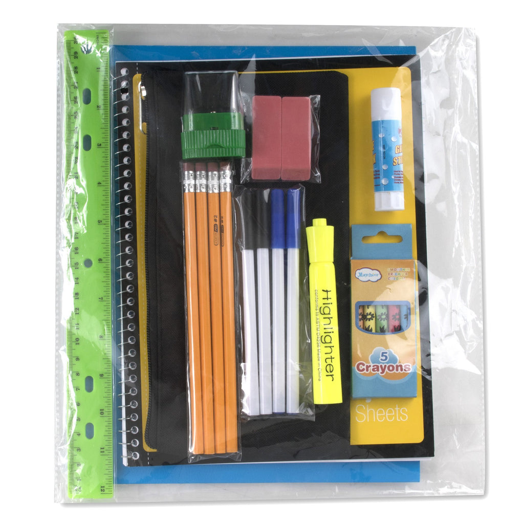 24 Pack of 17”L Classic Traditional Color Backpacks with 20 Piece Stationary Kits Containing 1 Notebook, 1 Folder, 3 Pencils, 3 Pens, 1 Pencil Sharpener, 2 Erasers & More!